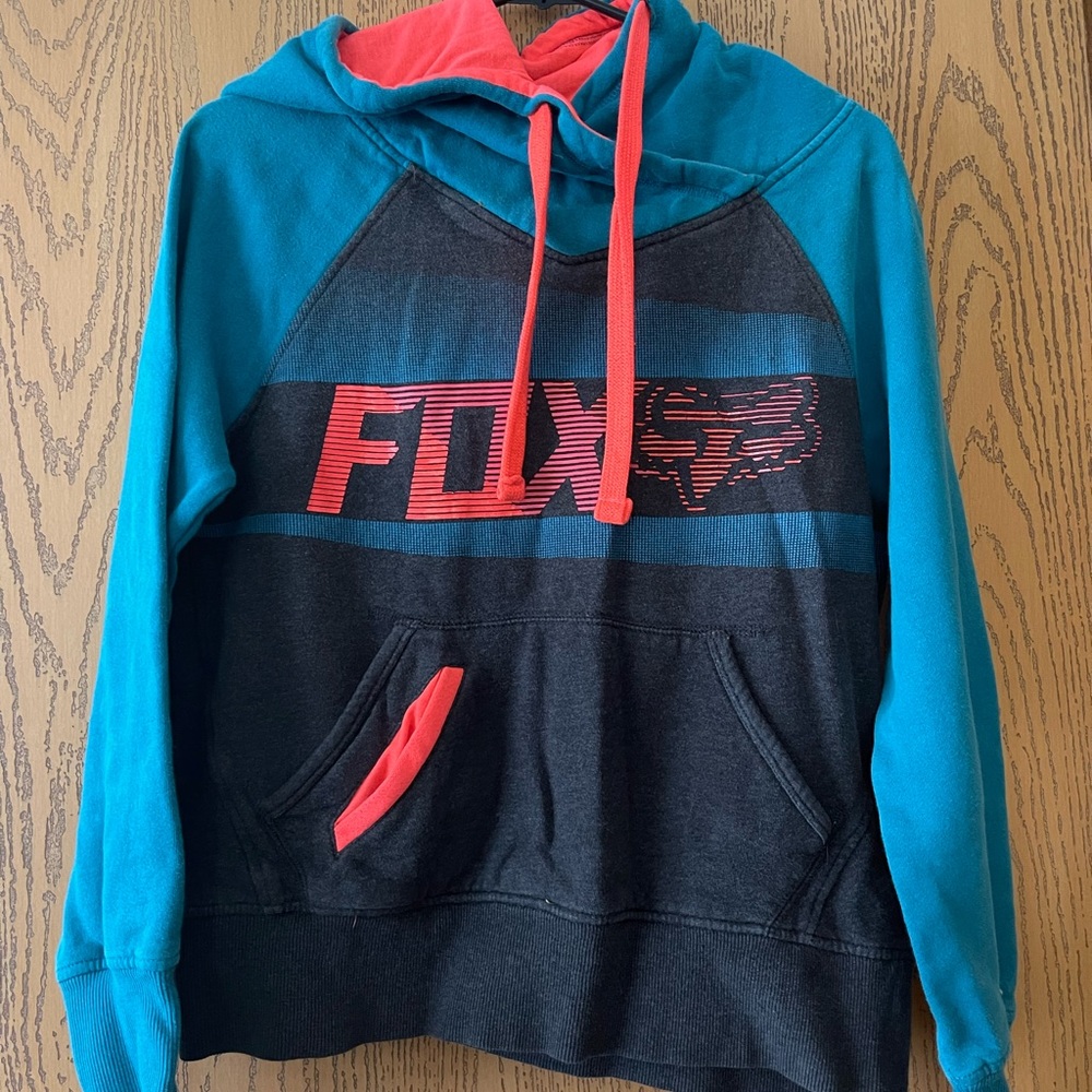 Fox hooded sweatshirt! Size medium. Teal, bright orange and grey.